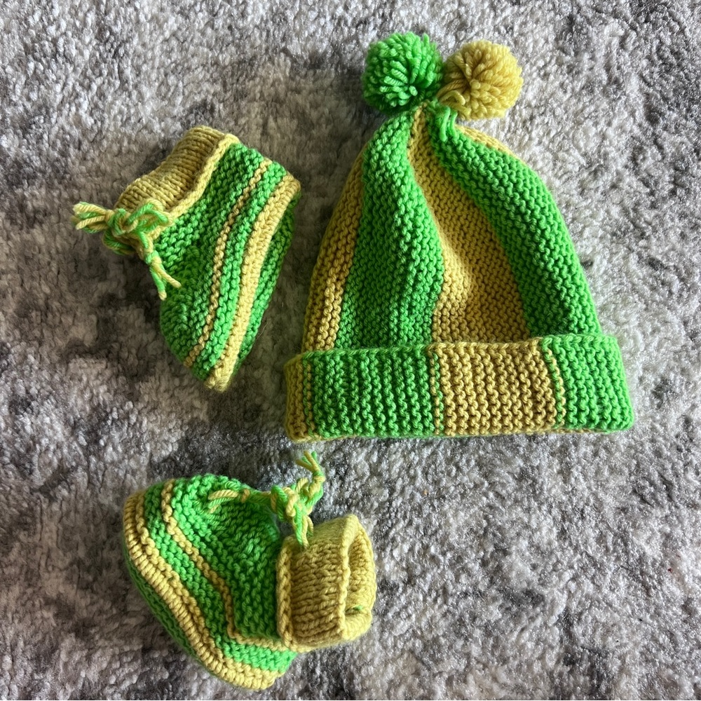 Handmade Baby Hat and Booties Set - Green and Yellow Stripes with Pom-Pom